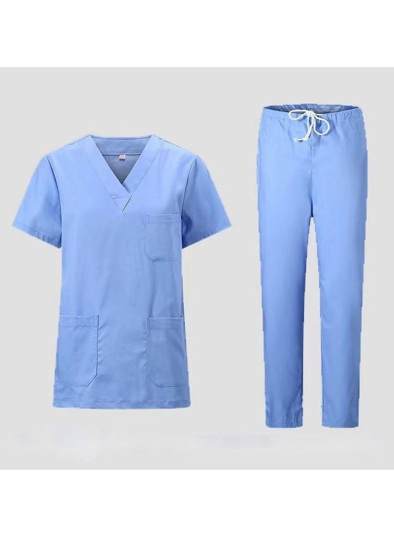 Man Solid V Neck Medical Scrubs Set，Medical Uniform Stretch Contrast Binding Top and Pants