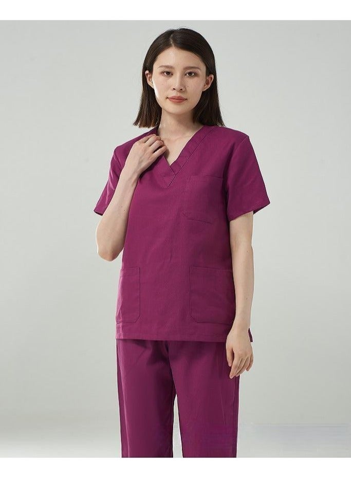 Woman Solid V Neck Medical Scrubs Set，Medical Uniform Stretch Contrast Binding Top and Pants