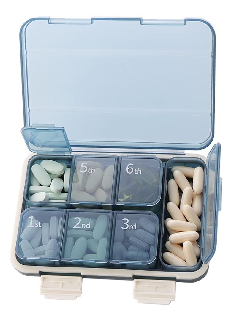 7 Day Portable Vitamin Container with 6 Compartments and 1 XL Compartment Our Extra Large Pill Box Organizer for Medicine Fish Oil Supplements Blue