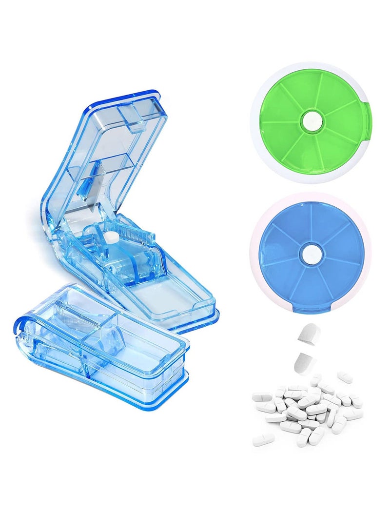 Pill Cutter for Small or Large Pills, 2 Pieces Portable Plastic Splitter, Transparent Tablet & 7 Day Rotating Box Cut Store Vitamin Medication