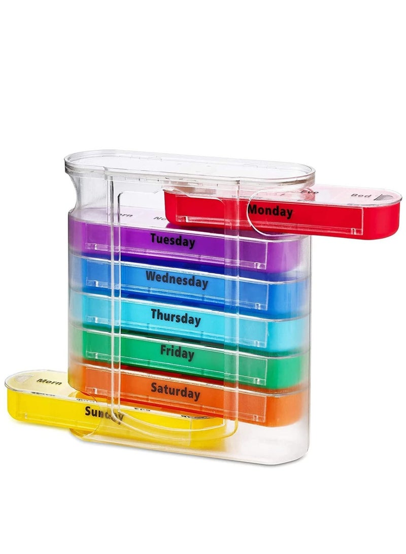 Pill Organizer, Large Capacity Weekly Box Four Times-a-Day, 1 Dispenser with Stackable AM/PM Compartments, Rainbow Morning and Evening Case 28 Dividers BPA-Free Medicine