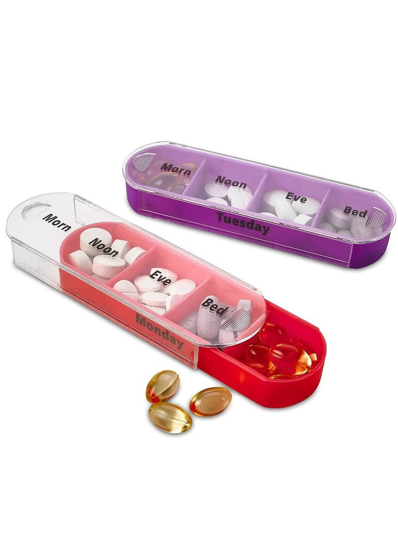 Pill Organizer, Large Capacity Weekly Box Four Times-a-Day, 1 Dispenser with Stackable AM/PM Compartments, Rainbow Morning and Evening Case 28 Dividers BPA-Free Medicine