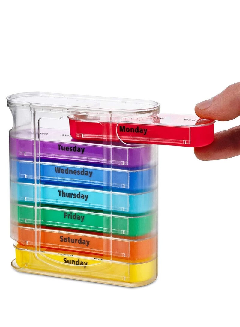 Pill Organizer, Large Capacity Weekly Box Four Times-a-Day, 1 Dispenser with Stackable AM/PM Compartments, Rainbow Morning and Evening Case 28 Dividers BPA-Free Medicine