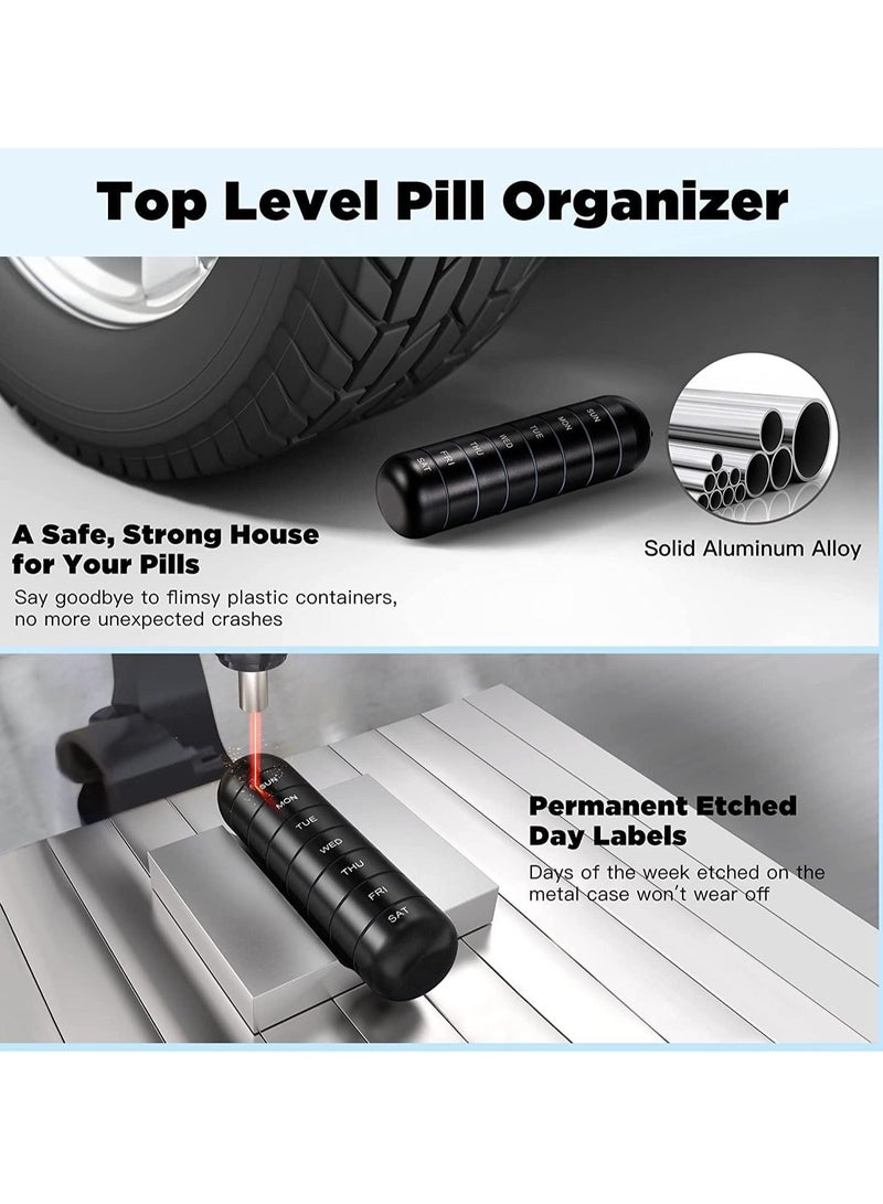 Pill Organizer, Metal Moisture Proof Weekly, Stackable Aluminum Alloy BPA Free Travel Hiking 7 Day Box Case Waterproof and Large Compartment to Hold Pills, Vitamins, Fish Oil, Supplements