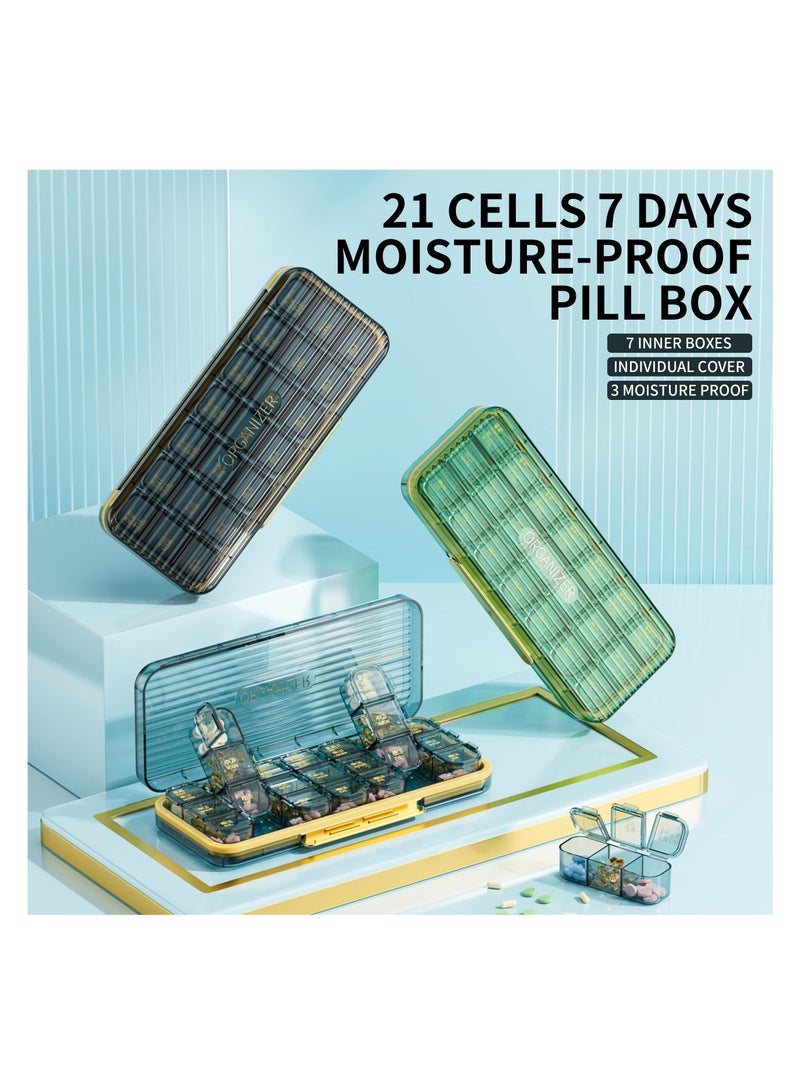 21 Cells 3 Times a Day Pill Organizer - Moistureproof Daily Cute Box, Removable Separate Cell Days Case Suitable for Women Men Travel Jewelry & Everyday(Blue)