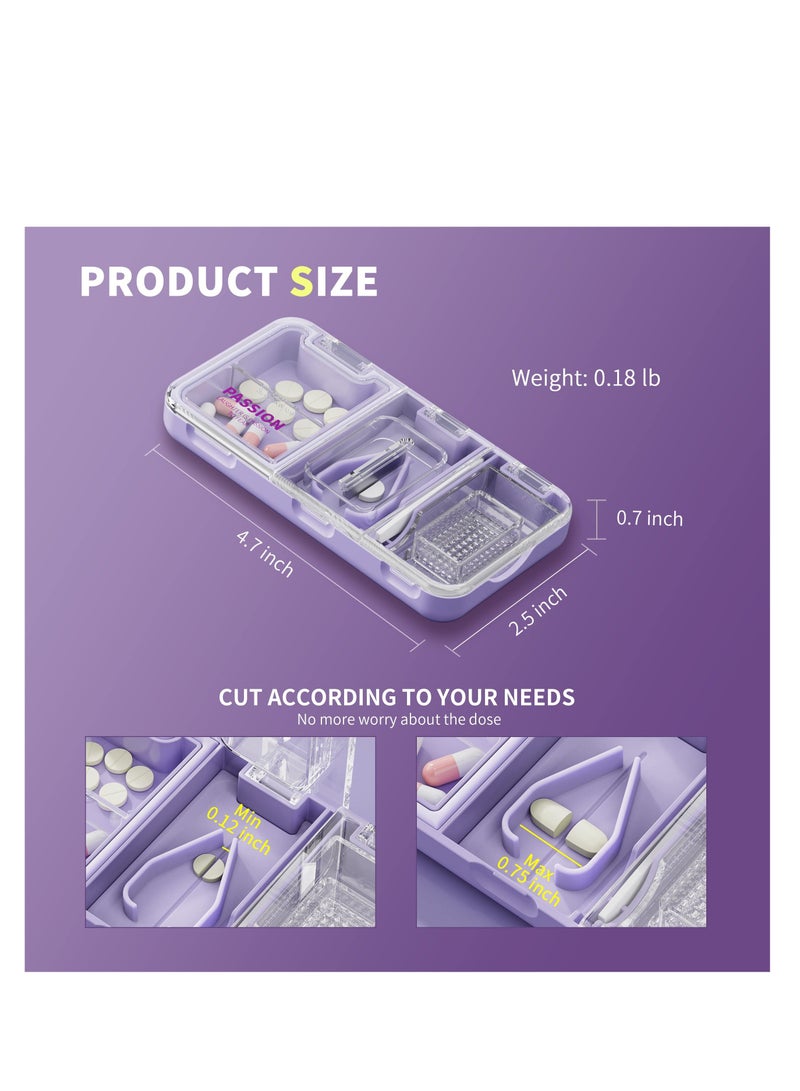 3 in 1 V Shape Pill Cutter - Splitter with & Crusher Storage, Stainless Steel Blade For Cutting Small or Large Vitamin Tablet, Grinder Cleaning Brush(Passion Purple)