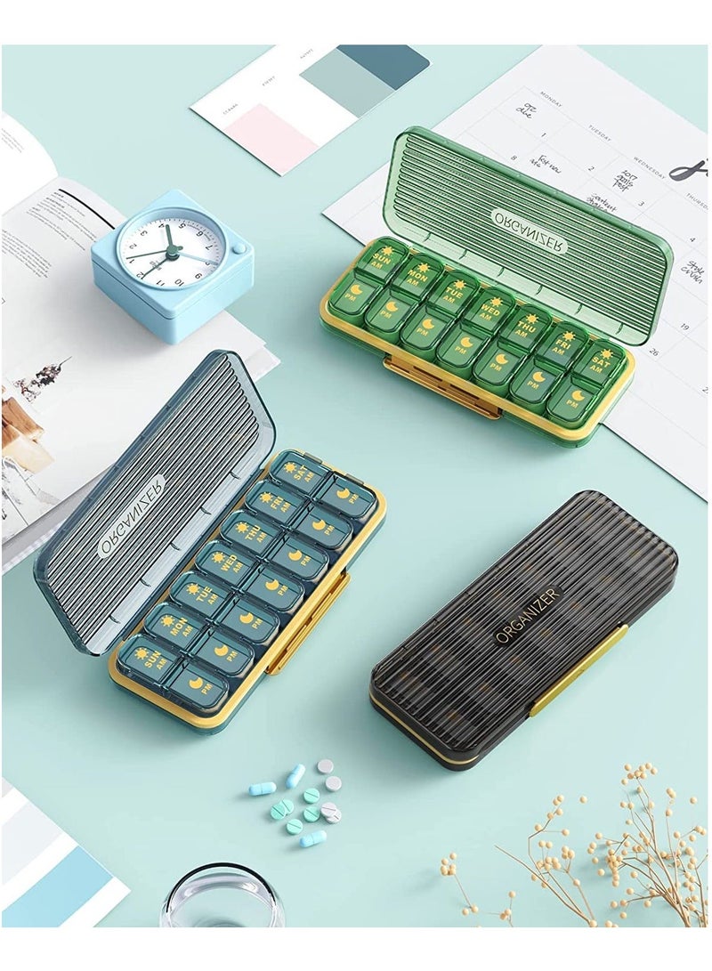 Pill Organizer 2 Times A Day, 7 Day Am Pm Box Weekly with Separate Container, Portable Daily Medicine Planner Dispenser Case for Vitamin, Fish Oils, Supplements, Green