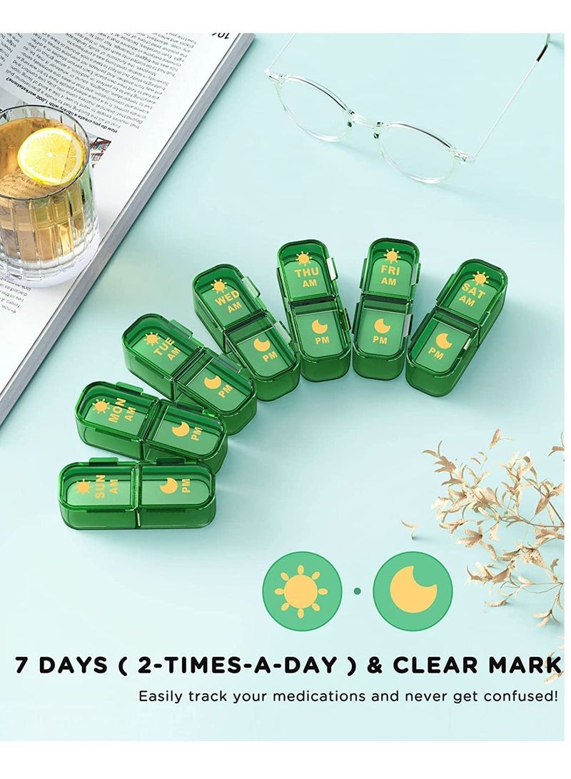 Pill Organizer 2 Times A Day, 7 Day Am Pm Box Weekly with Separate Container, Portable Daily Medicine Planner Dispenser Case for Vitamin, Fish Oils, Supplements, Green