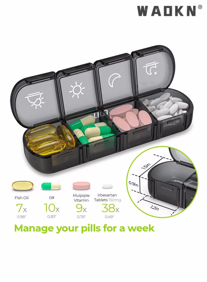 Weekly Pill Organizer, 7 Daily Large Pill Box Cases, Portable Pill Case, 4 Times a Day, BPA Free, Easy to Carry, to Hold Fish Oils, Vitamins, Supplements, Medication, Black