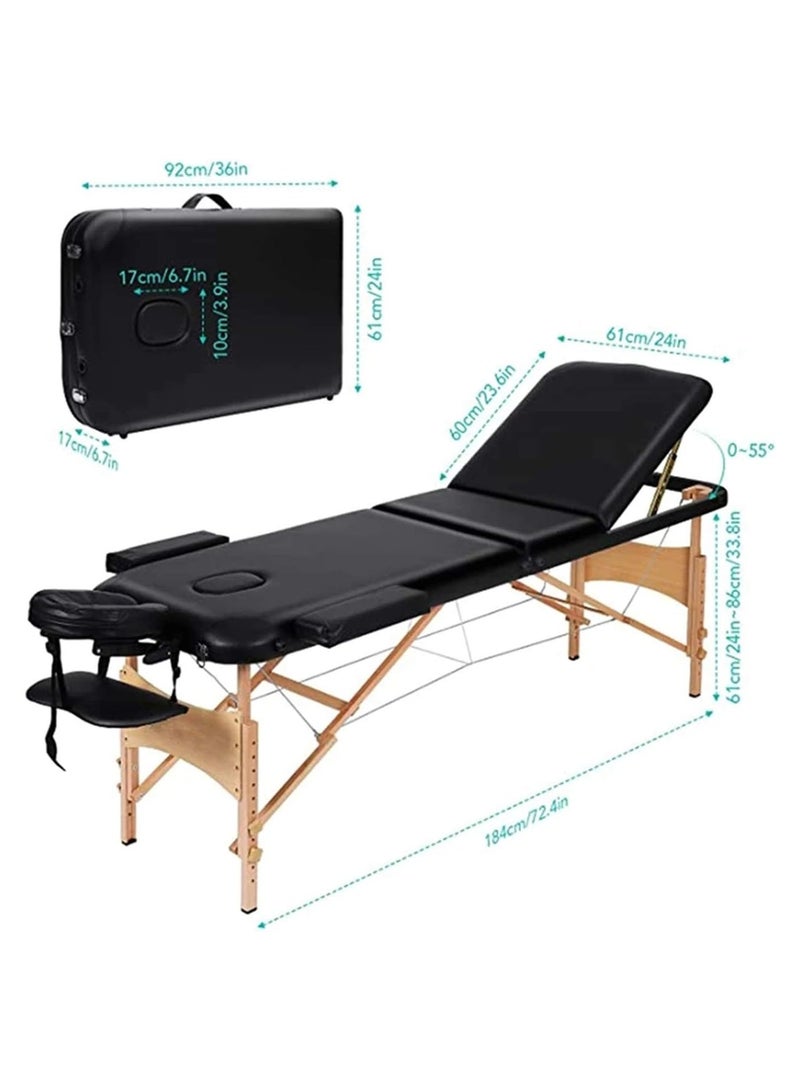 Portable Spa Bed Folding Facial Adjustable Lash Tattoo Table with Headrest Armrest Black