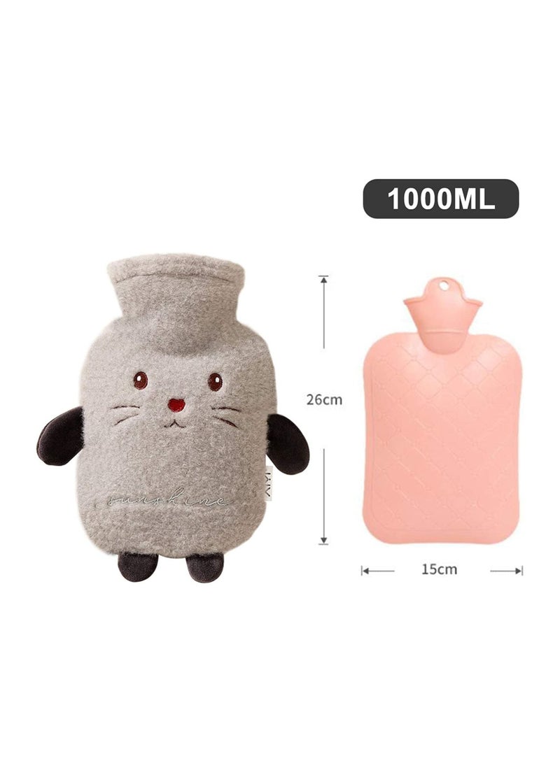 Hot Water Bottle Set with Cover 1L Soft Fluff Small Hot Water Bottle Washable Lamb Wool Hot Water Bag for Back Neck Waist Legs,Children Baby Adult The Best Winter Gifts Gray