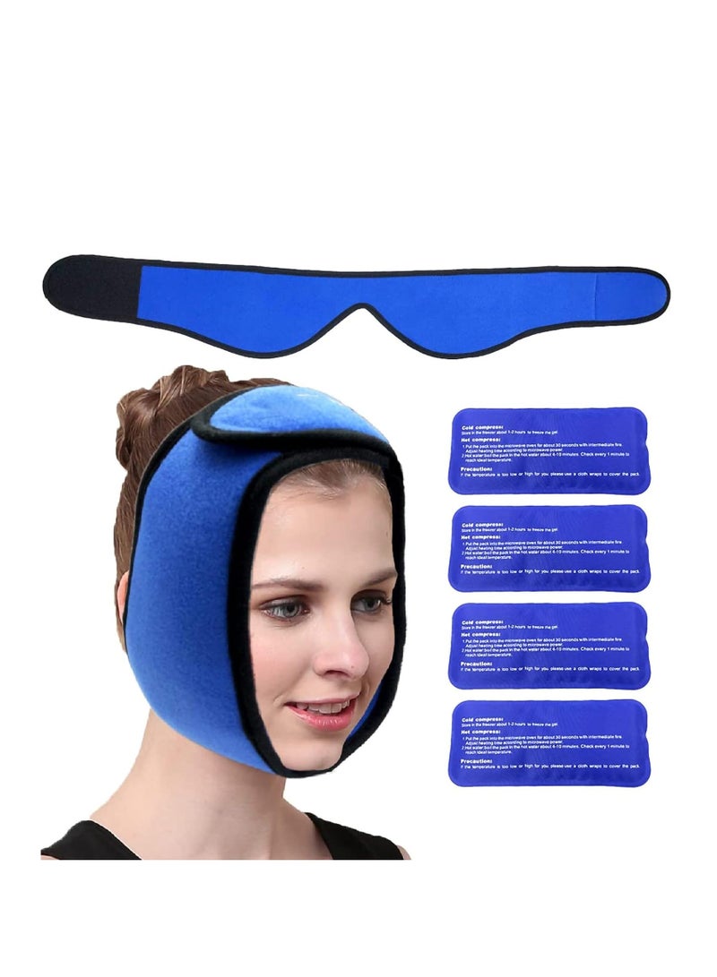 Face Ice Pack Wrap for TMJ, Wisdom Teeth, with 4 Reusable Hot Cold Therapy Gel Packs, Pain Relief Chin, Head, Oral and Facial Surgery, Blue