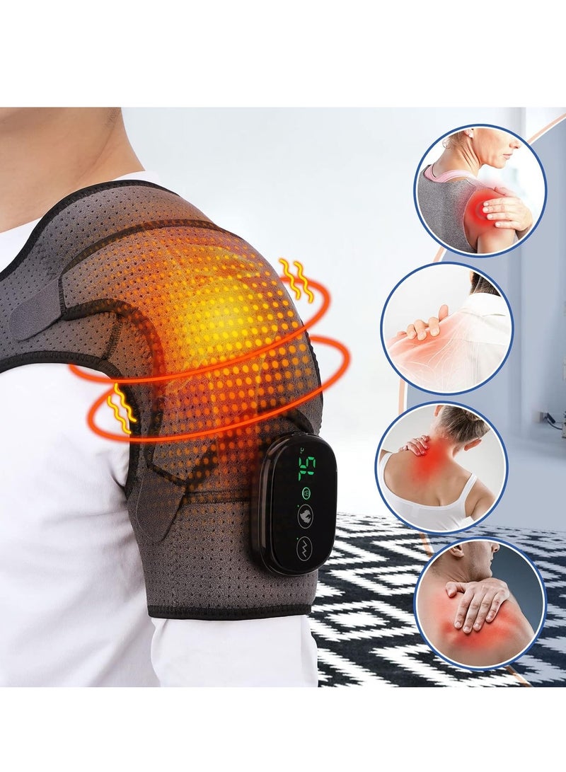 Heated Shoulder Wrap with Vibration, Cordless Heating Pad, Massage Braces for Left Right Shoulder, 3 Vibration and Temperature Settings, LED Display