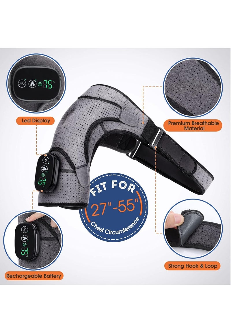 Heated Shoulder Wrap with Vibration, Cordless Heating Pad, Massage Braces for Left Right Shoulder, 3 Vibration and Temperature Settings, LED Display