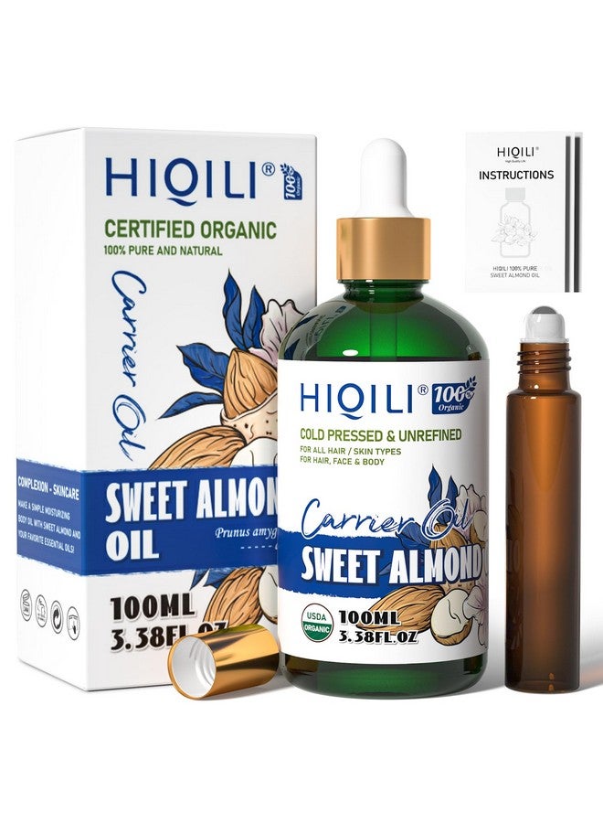 Sweet Almond Oil With Roller Bottle 100% Pure And Natural Carrier Oil For Hair Skin Body Massage Diluting Essential Oils 3.38 Fl. Oz