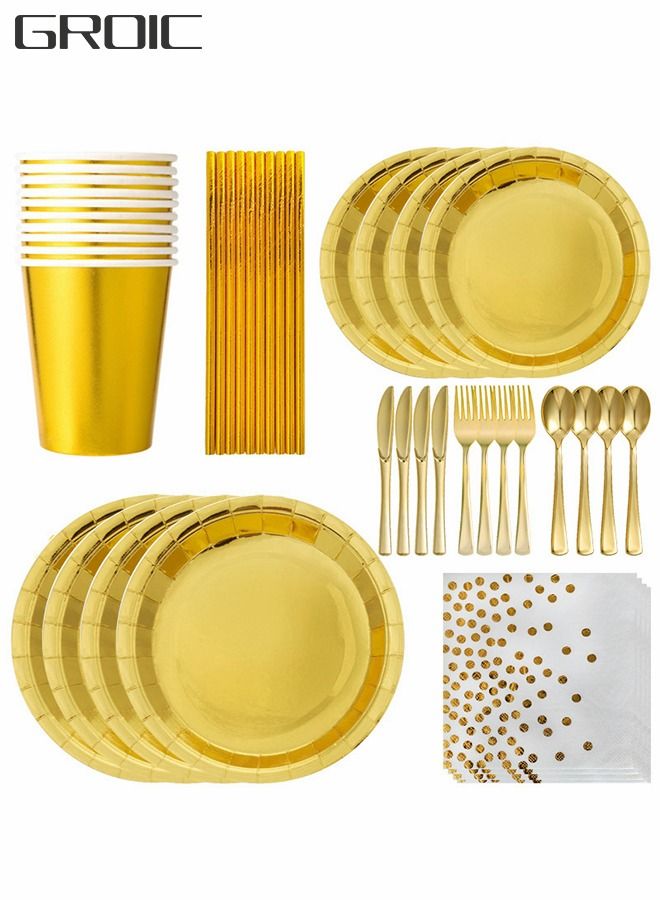 200 Pcs Gold Dinnerware Set,Gold Dinner plate 100 Cups,100 Linen Like Napkins,Party Disposable Tableware,Party Supplies