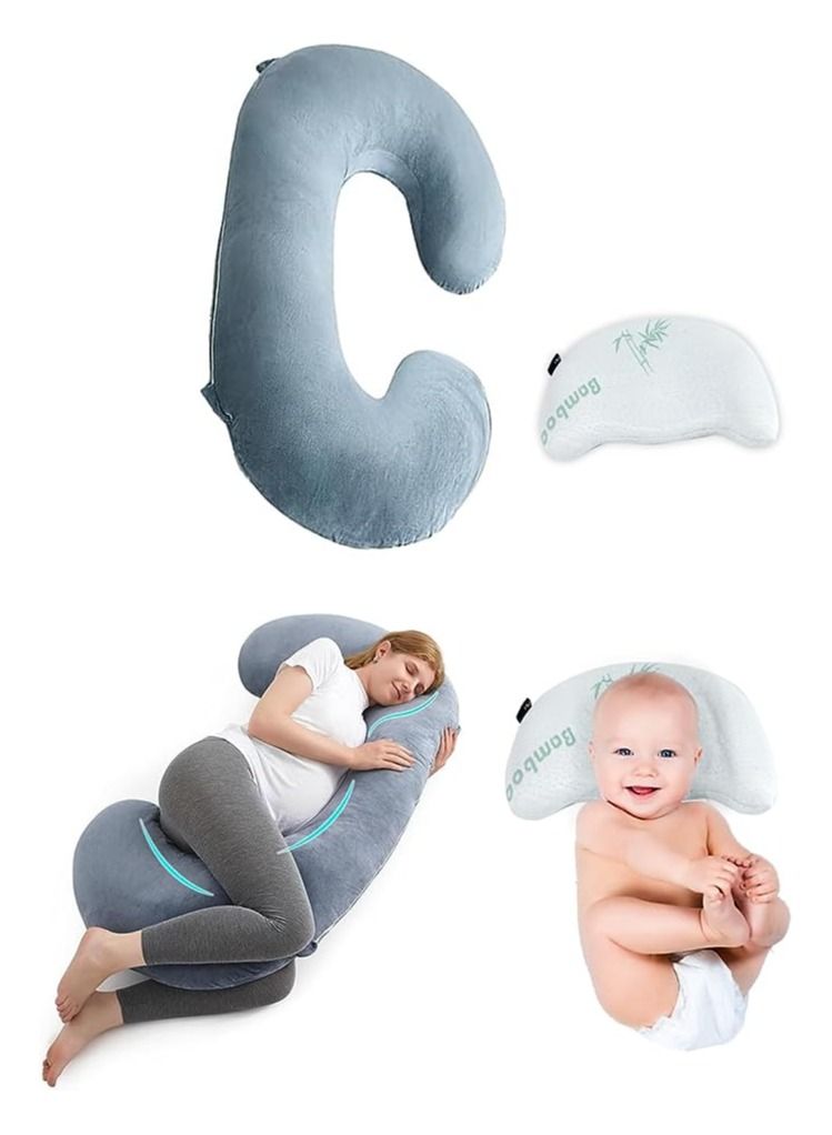 PLUSH Full Body C-Shape Pregnancy Pillow for Maternity Support & Baby Pillow for Head and Neck Support (Perfect Combo for Mom and Baby)