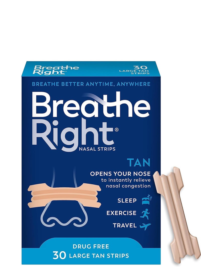 Breathe Right Original Nose Strips to Reduce Snoring and Relieve Nose Congestion, Tan, 30 Count (Packaging May Vary)