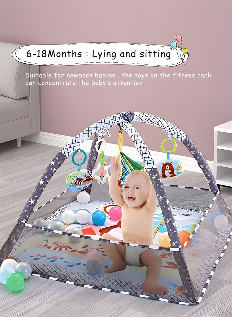 Baby Play Gym, Baby Play Mat Newborn with Padded Base Lightweight Foam Stand, 5 Hanging Toys and 18 Ocean Balls Washable Playmats & Floor Gyms for 0-36 Months