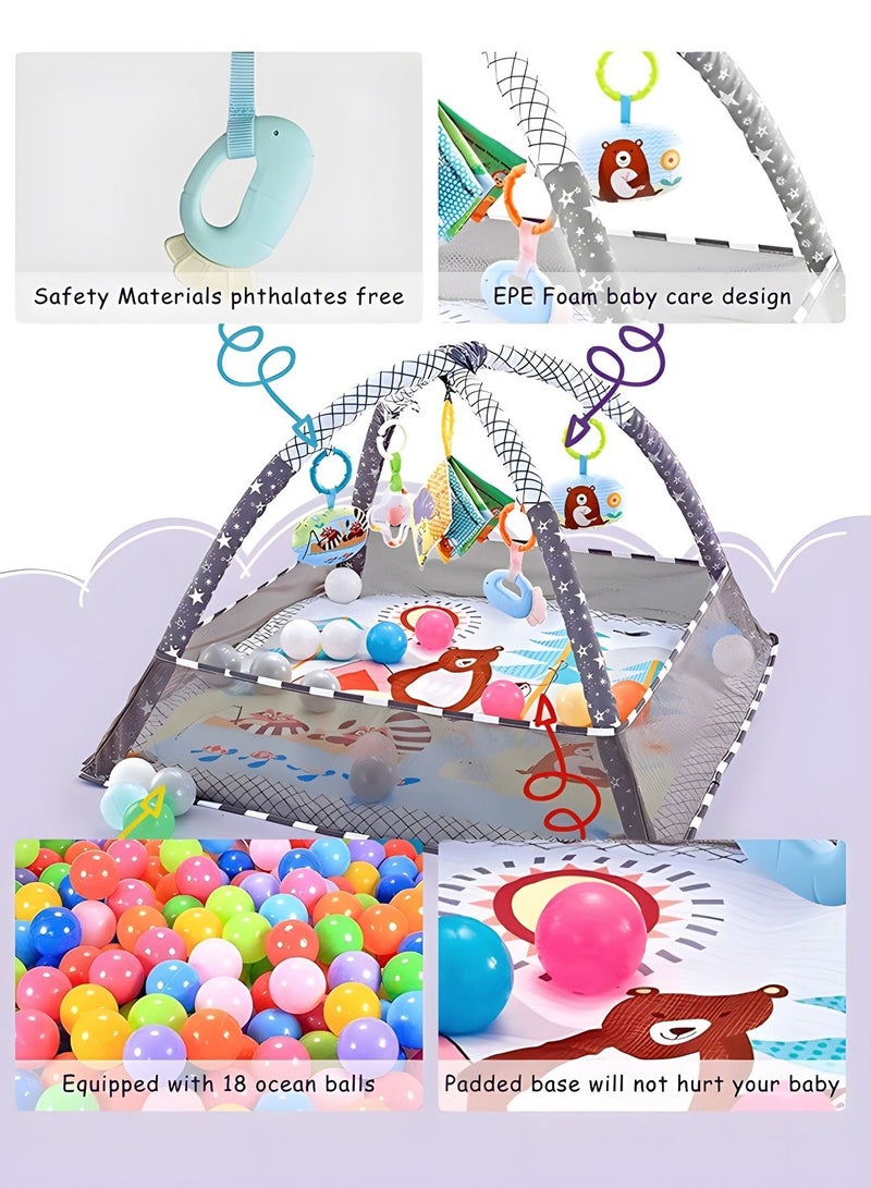 Baby Play Gym, Baby Play Mat Newborn with Padded Base Lightweight Foam Stand, 5 Hanging Toys and 18 Ocean Balls Washable Playmats & Floor Gyms for 0-36 Months