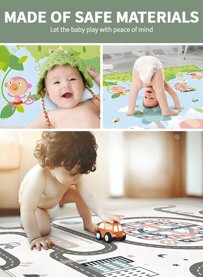 Baby Play Mat for Floor Play 200 * 180 CM Floor Mat Reversible, Foldable, Portable Extra Large Thick Foam Waterproof Crawling Mat for Toddlers Cartoon Pattern & Flying Chess Double-Side