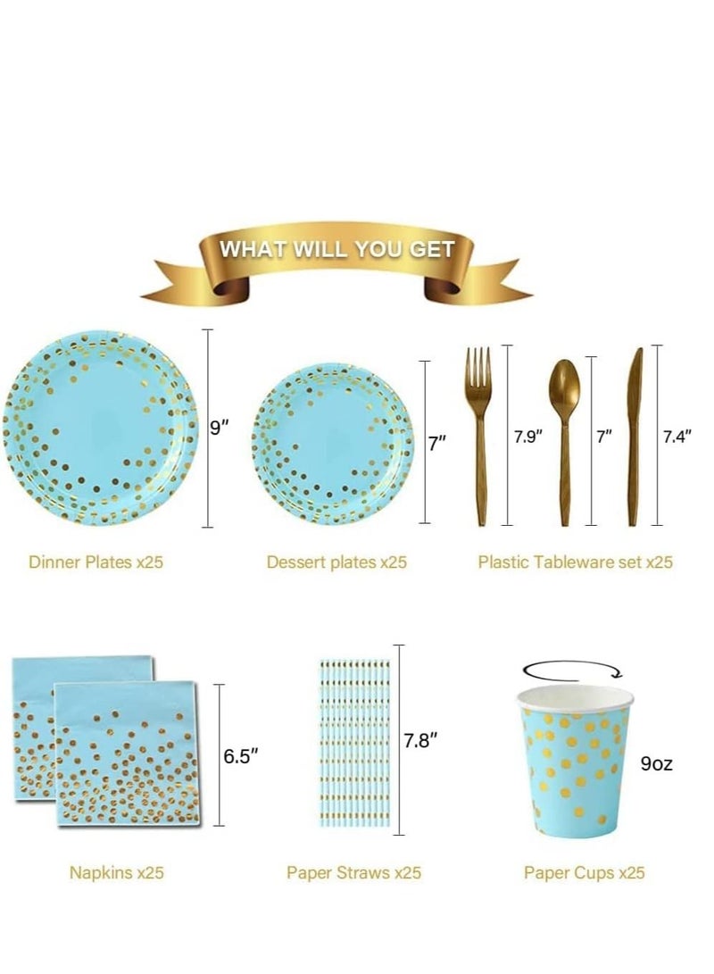 200Pcs Birthday Party Supplies Golden Dots Party Dinnerware Disposable Party Plates Napkins and Cups Sets Serves 25 Guests for Wedding Birthday Party (Blue)