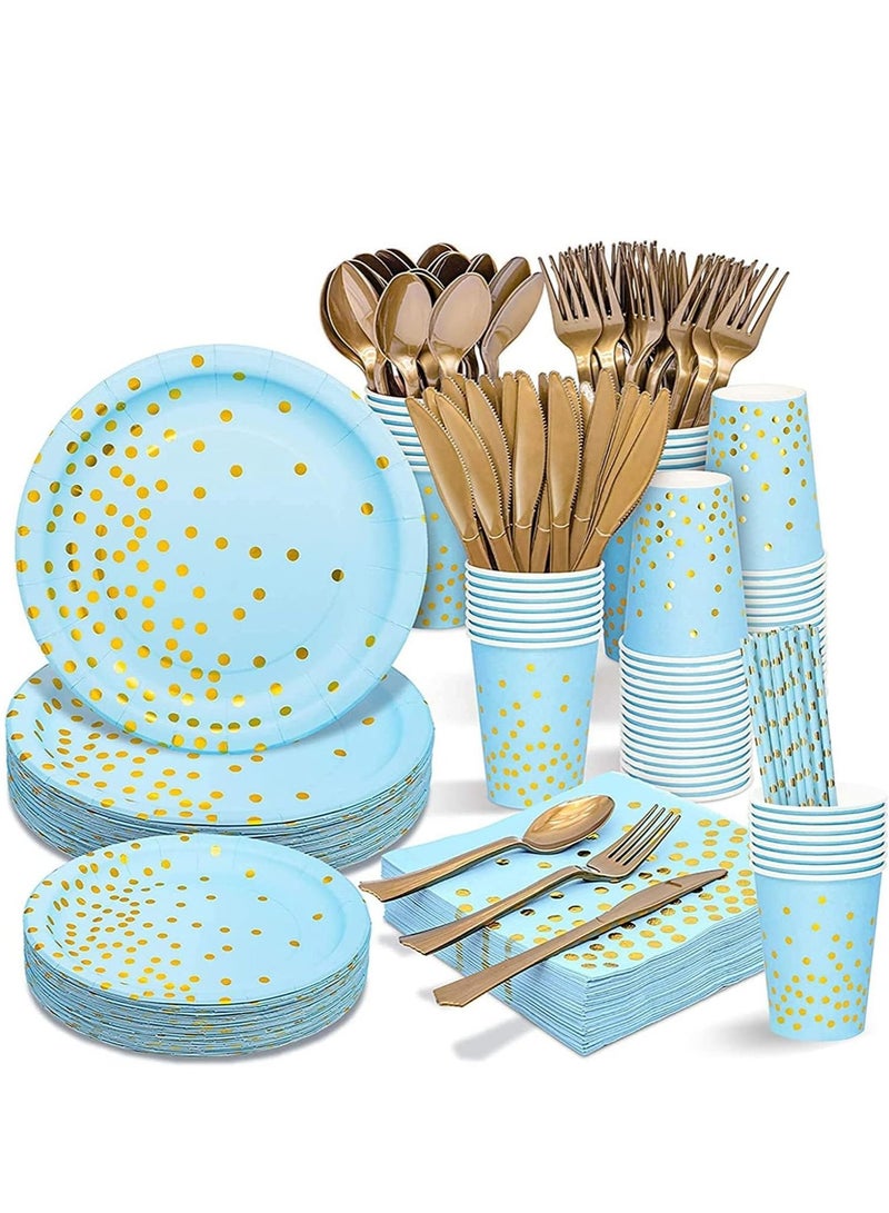 200Pcs Birthday Party Supplies Golden Dots Party Dinnerware Disposable Party Plates Napkins and Cups Sets Serves 25 Guests for Wedding Birthday Party (Blue)