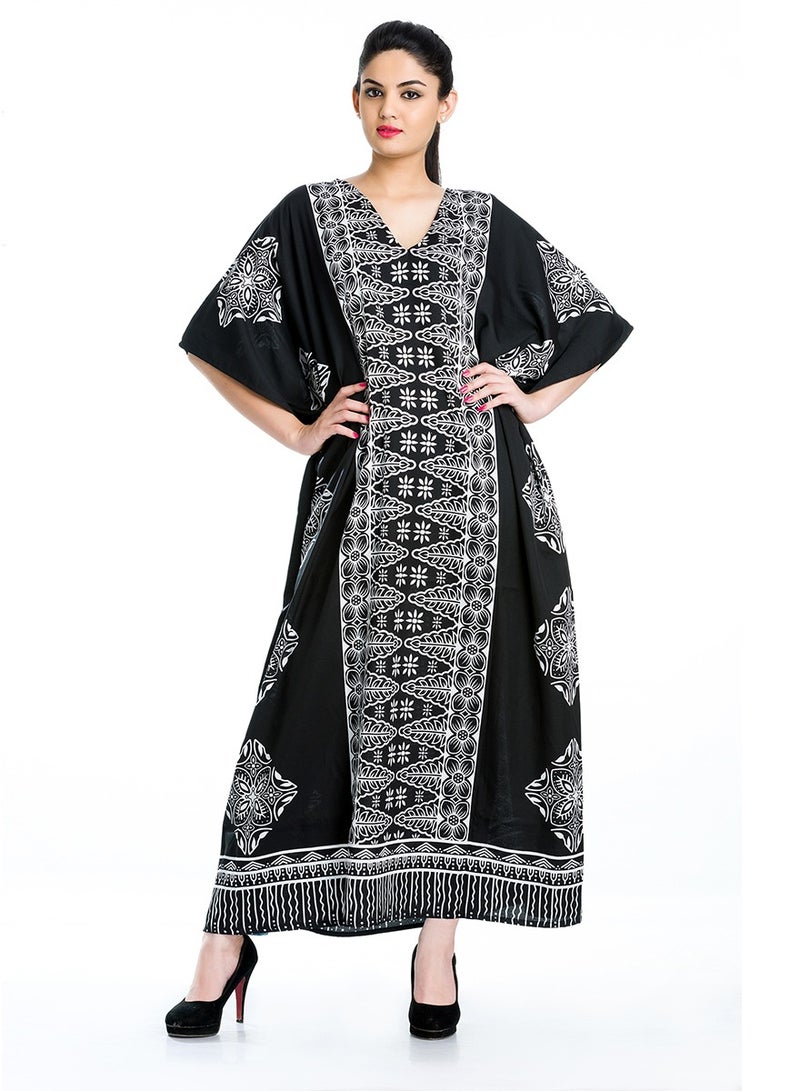 Women Polyester Plus Size Black and white Long Kaftan House Dress for Ladies