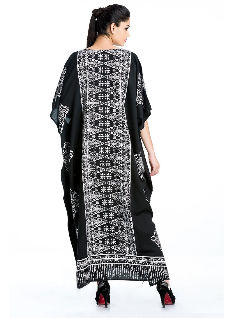 Women Polyester Plus Size Black and white Long Kaftan House Dress for Ladies
