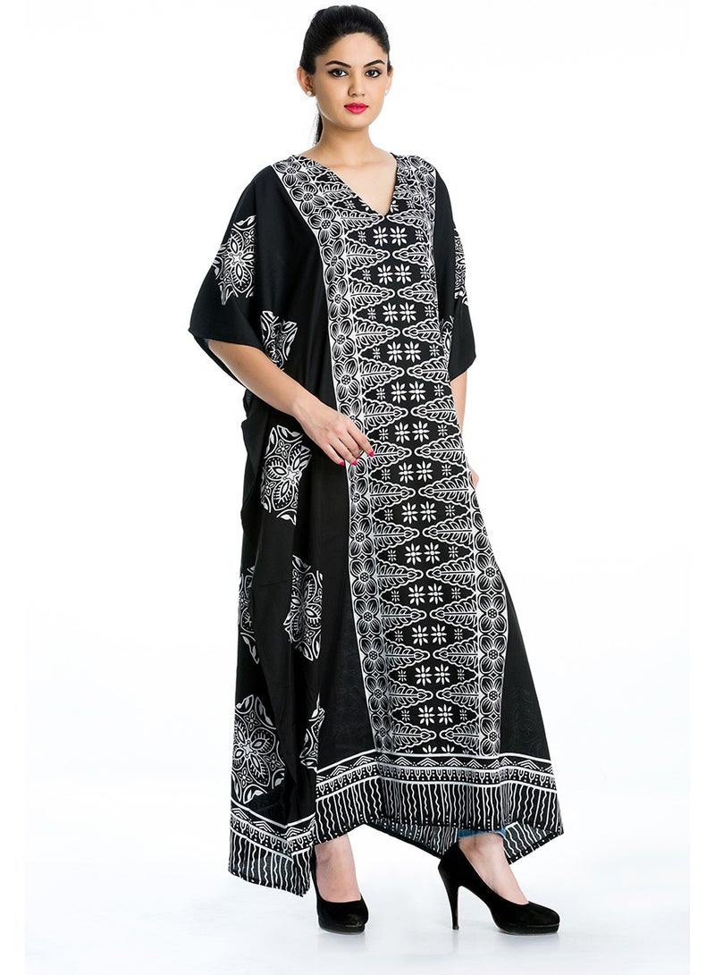 Women Polyester Plus Size Black and white Long Kaftan House Dress for Ladies