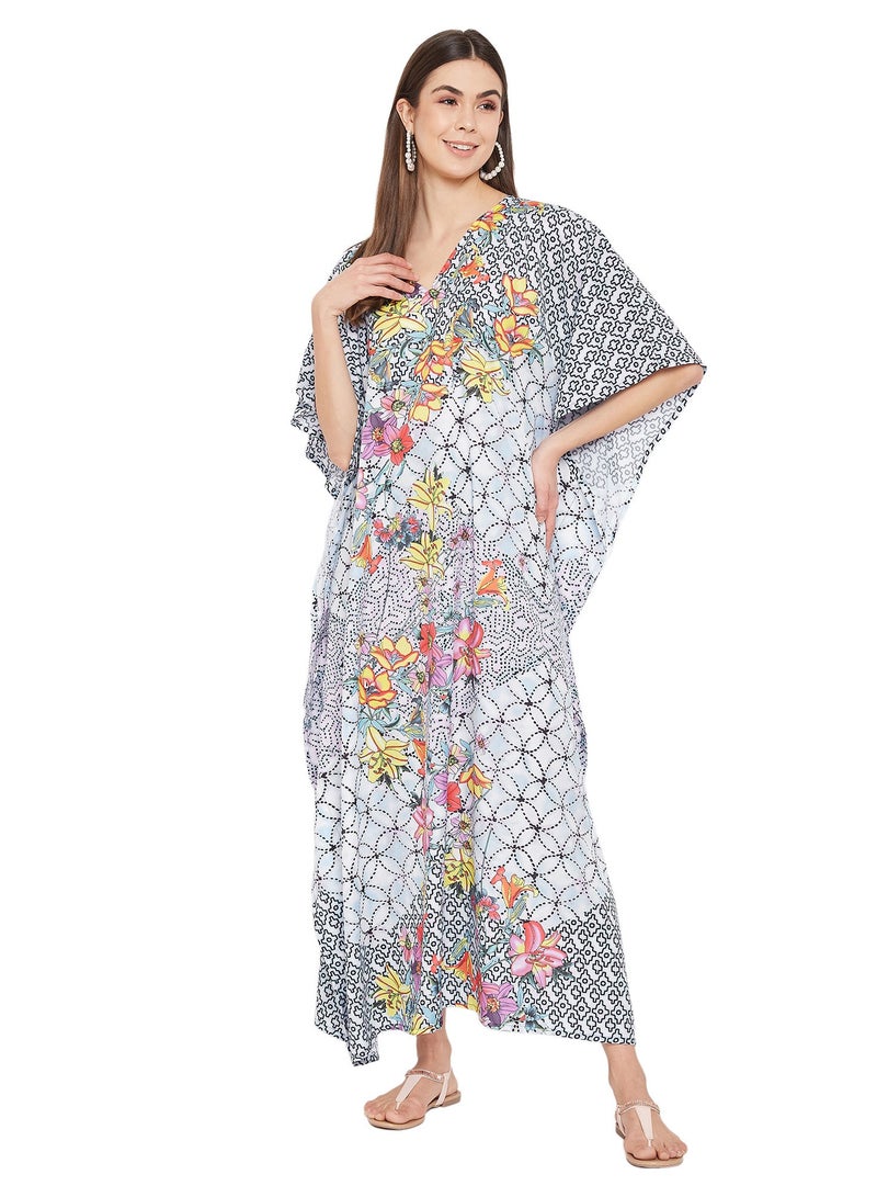 Women Floral Polyester Plus Size Caftan Beach Cover Up Kaftan Loungewear Dress for Summer