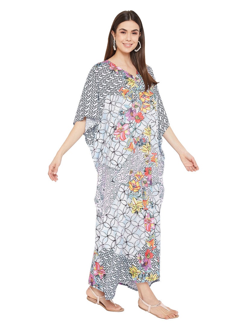 Women Floral Polyester Plus Size Caftan Beach Cover Up Kaftan Loungewear Dress for Summer