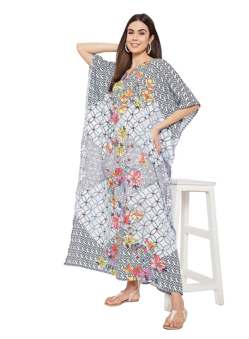 Women Floral Polyester Plus Size Caftan Beach Cover Up Kaftan Loungewear Dress for Summer