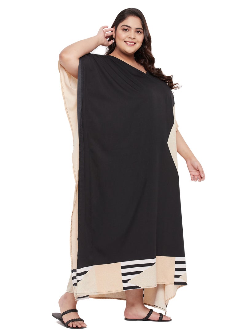 Plus Size V Neck Dual Color Polyester Islamic Kaftan Kimono Style Caftan For Women