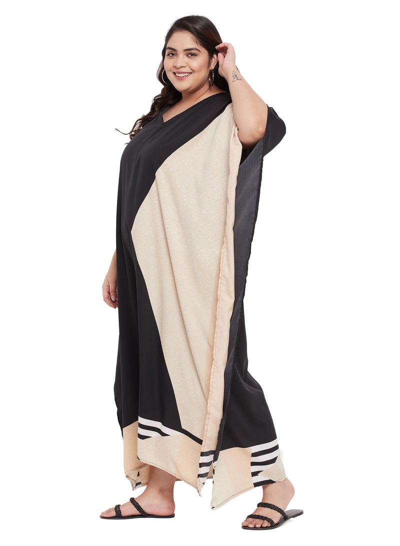 Plus Size V Neck Dual Color Polyester Islamic Kaftan Kimono Style Caftan For Women