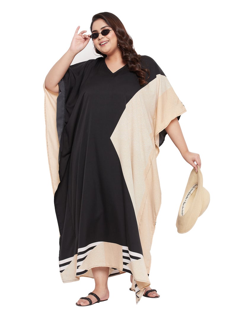 Plus Size V Neck Dual Color Polyester Islamic Kaftan Kimono Style Caftan For Women