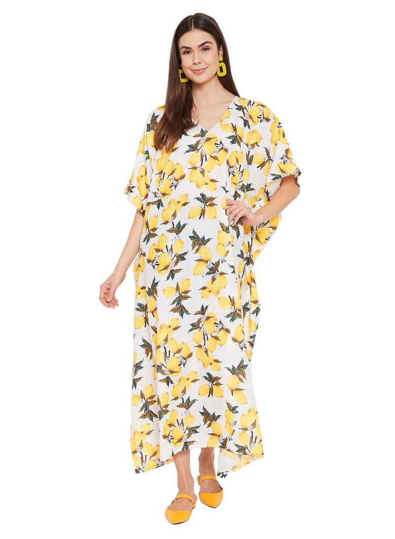 Women Plus Size Yellow Floral Polyester Casual Beach Kaftan Loungewear for ladies