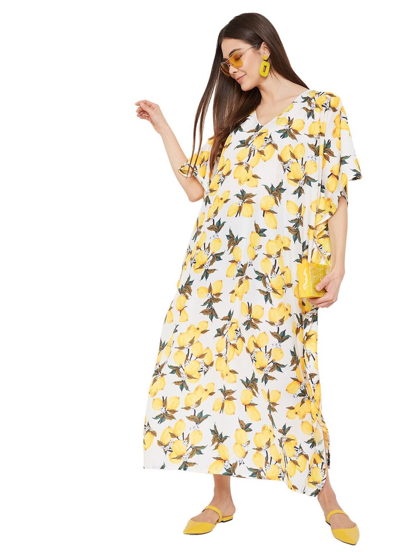 Women Plus Size Yellow Floral Polyester Casual Beach Kaftan Loungewear for ladies