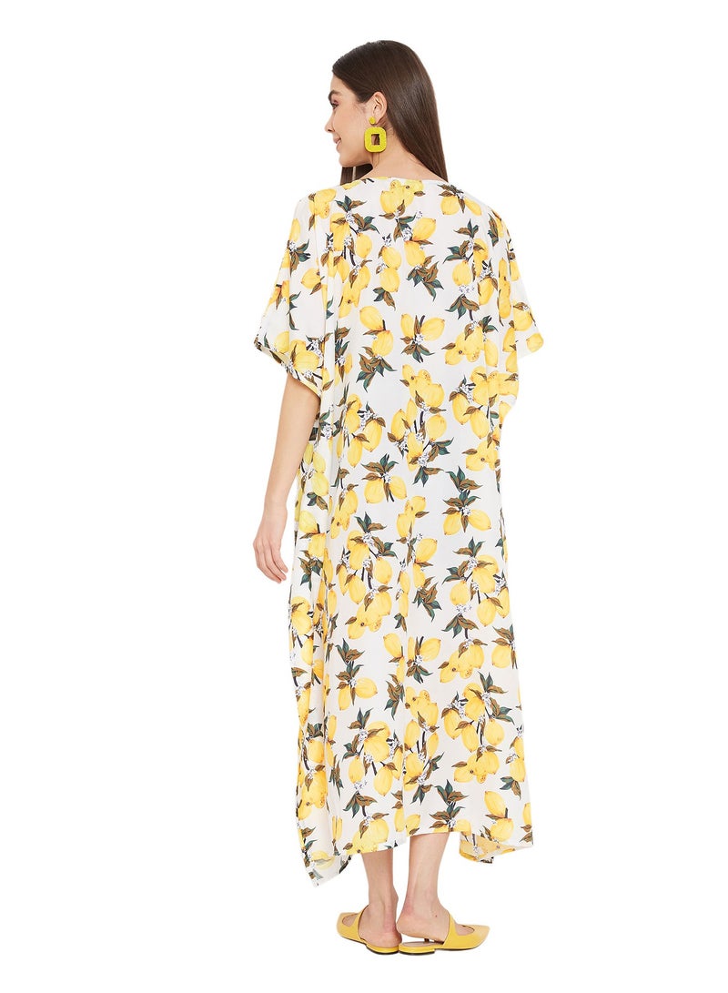 Women Plus Size Yellow Floral Polyester Casual Beach Kaftan Loungewear for ladies