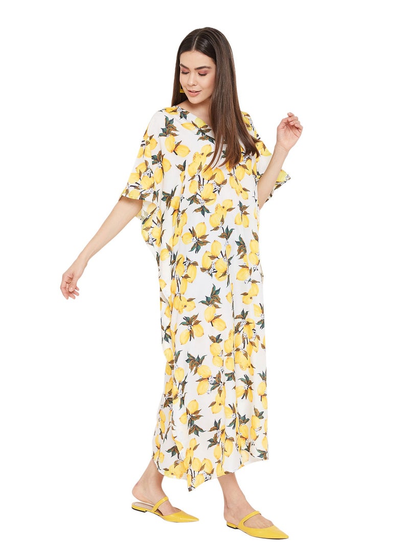 Women Plus Size Yellow Floral Polyester Casual Beach Kaftan Loungewear for ladies