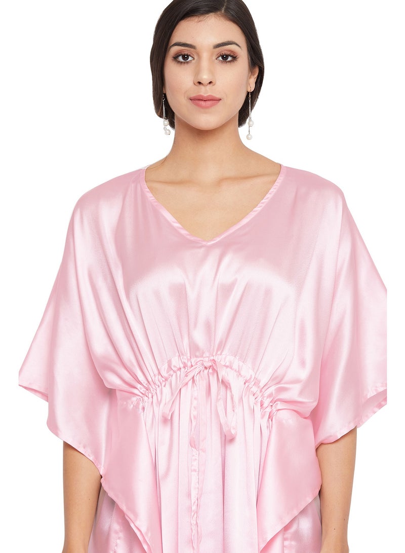 Women Plus Size Silky Satin Kaftan Sleepwear Nightdress Nightwear Gown Elegant Loungewear Pink Pajama Dresses