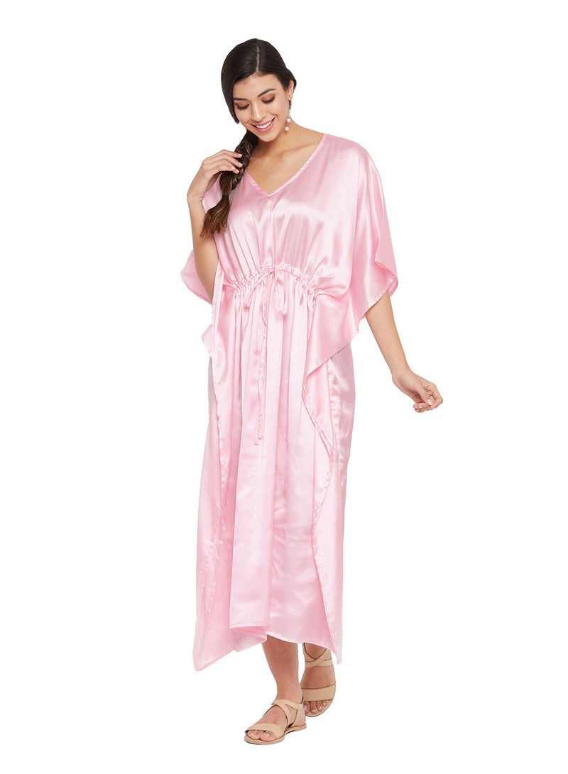 Women Plus Size Silky Satin Kaftan Sleepwear Nightdress Nightwear Gown Elegant Loungewear Pink Pajama Dresses