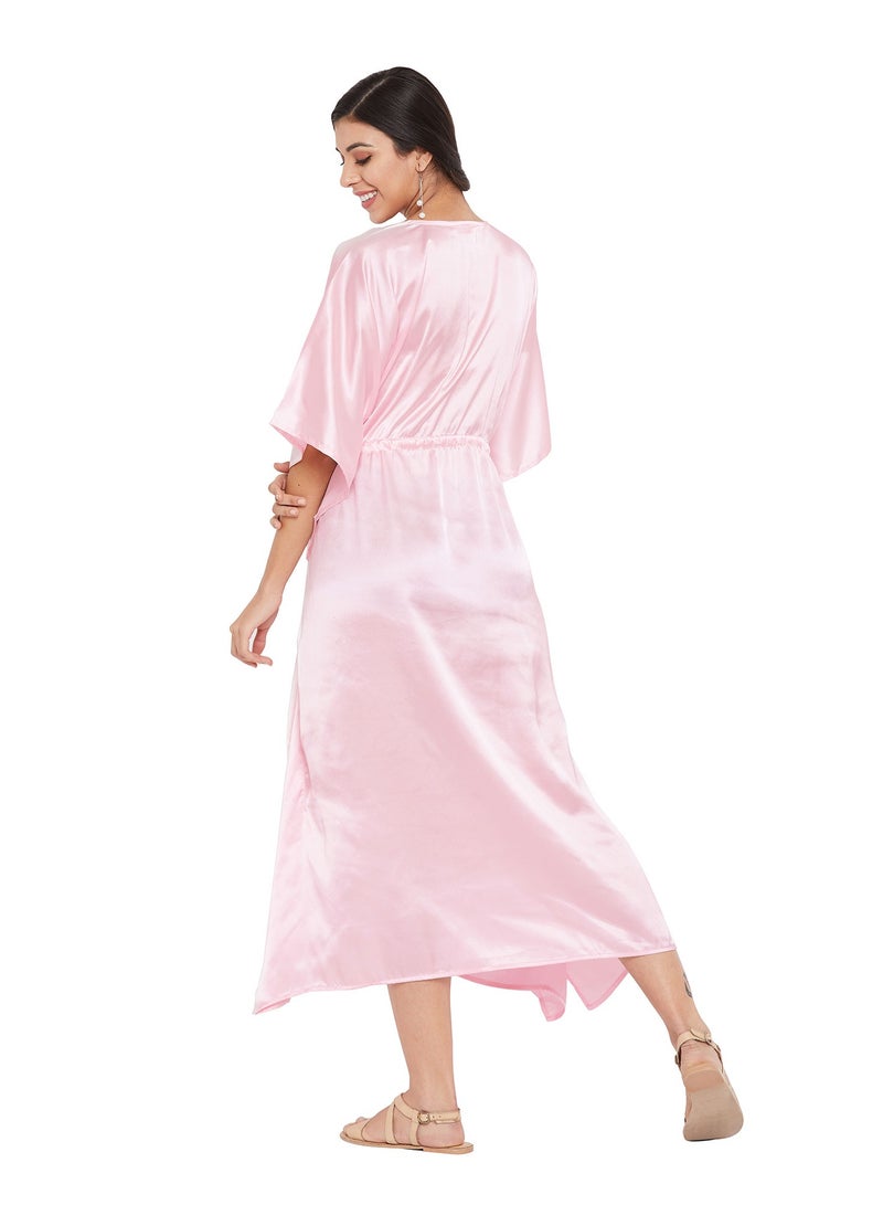 Women Plus Size Silky Satin Kaftan Sleepwear Nightdress Nightwear Gown Elegant Loungewear Pink Pajama Dresses