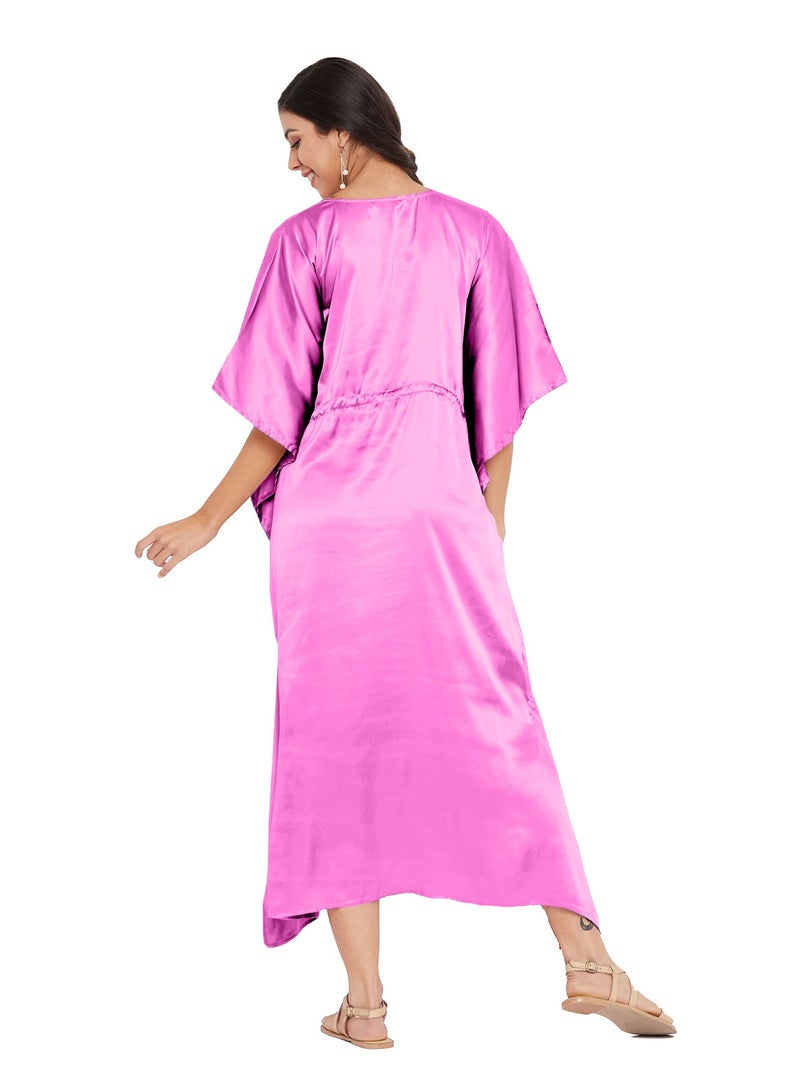 Women Satin Pink Nighty Nightgown Night Dress Kaftan for Ladies