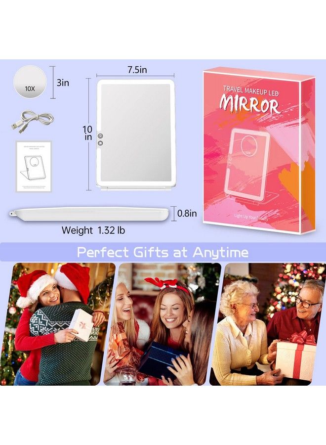 Rechargeable Travel Mirror Makeup Mirror Portable Lighted Makeup Mirror With 10X Magnifying Mirror 3 Colors Light Modes Touch Screen Dimming Folding Light Up Mirror For Travel Cosmetic Office