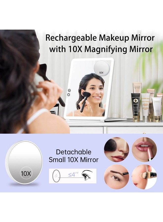 Rechargeable Travel Mirror Makeup Mirror Portable Lighted Makeup Mirror With 10X Magnifying Mirror 3 Colors Light Modes Touch Screen Dimming Folding Light Up Mirror For Travel Cosmetic Office