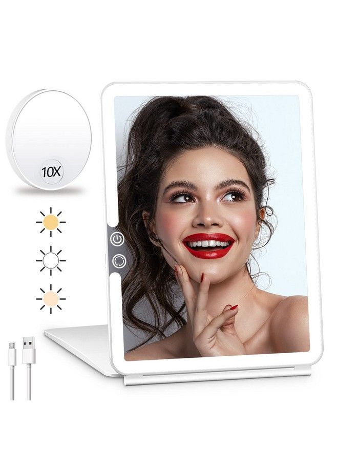 Rechargeable Travel Mirror Makeup Mirror Portable Lighted Makeup Mirror With 10X Magnifying Mirror 3 Colors Light Modes Touch Screen Dimming Folding Light Up Mirror For Travel Cosmetic Office