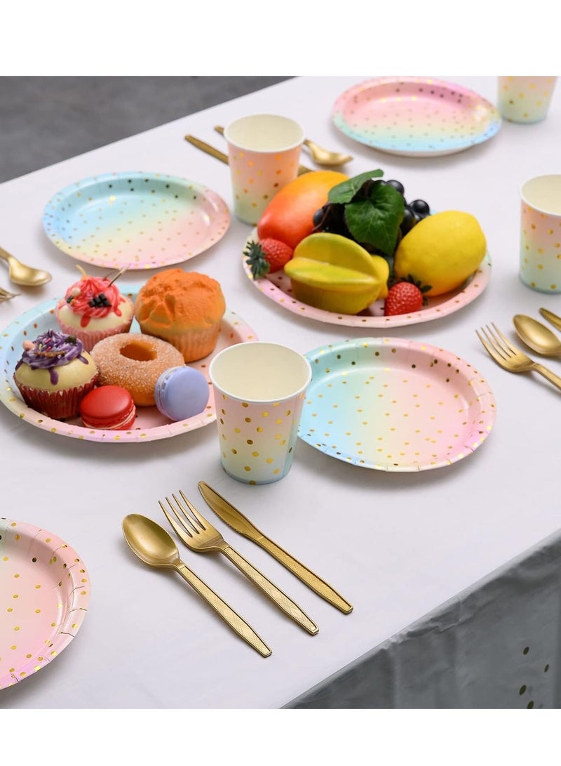 Disposable Paper Dinnerware Serves 25, 200 Pcs Pastel Paper Plates Napkins Cups Gold Plastic Silverware Sets for Wedding Birthday Baby Shower Holiday Parties