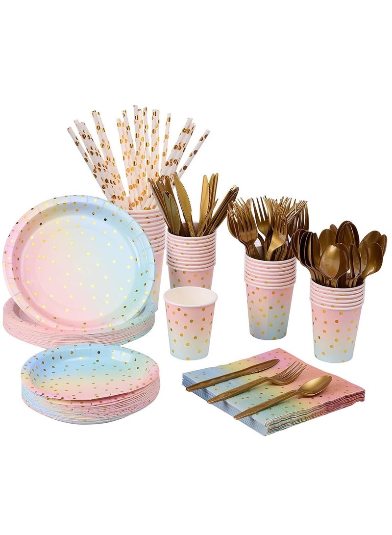 Disposable Paper Dinnerware Serves 25, 200 Pcs Pastel Paper Plates Napkins Cups Gold Plastic Silverware Sets for Wedding Birthday Baby Shower Holiday Parties