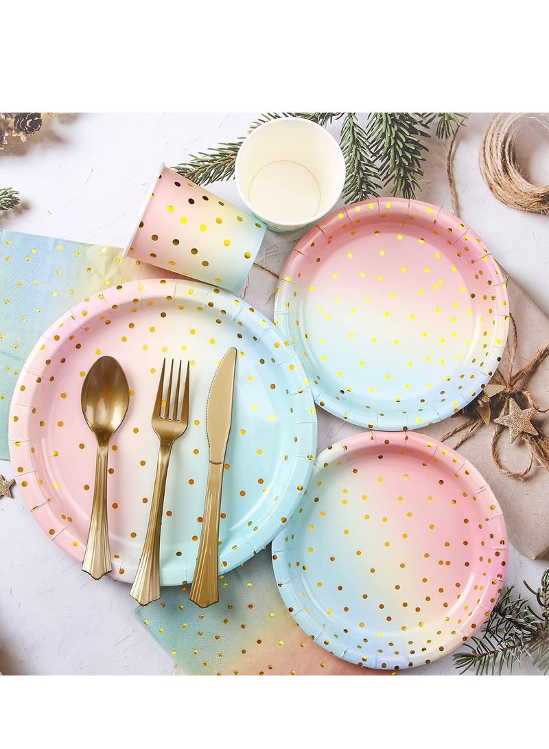 Disposable Paper Dinnerware Serves 25, 200 Pcs Pastel Paper Plates Napkins Cups Gold Plastic Silverware Sets for Wedding Birthday Baby Shower Holiday Parties